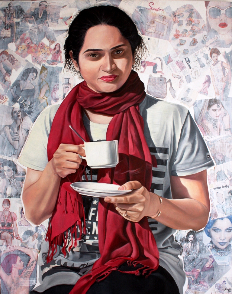 Self-Portrait with a Teacup, Oil and acrylic on canvas, by Keerthi Kankipati