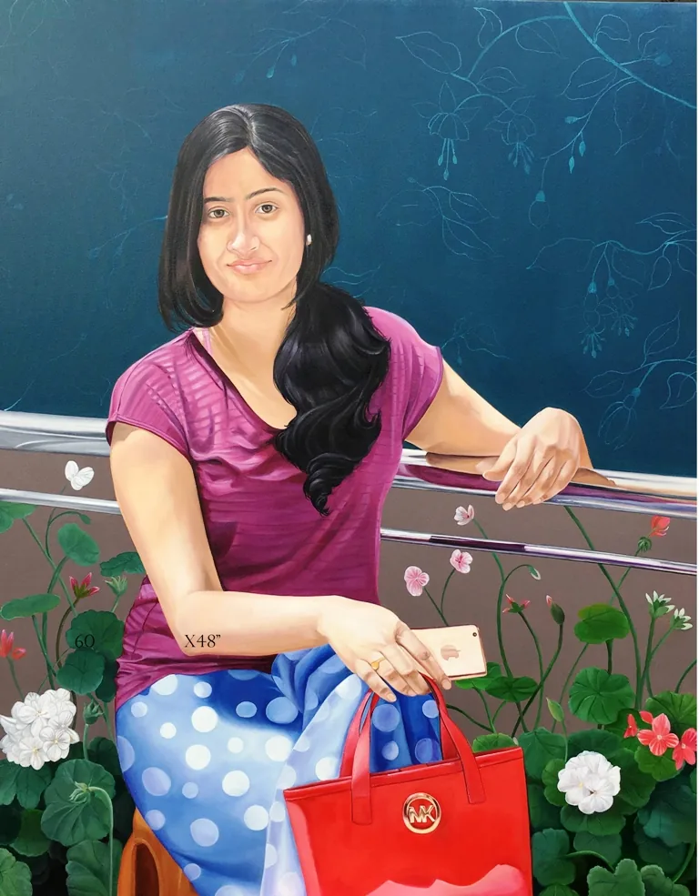 Young Woman with Red Handbag, Oil and acrylic on canvas
