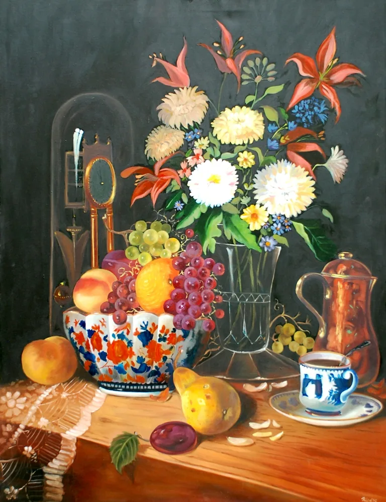 Still Life with Fruit Bowl, Copper Coffee Pot and Mantel Clock, Oil on canvas
