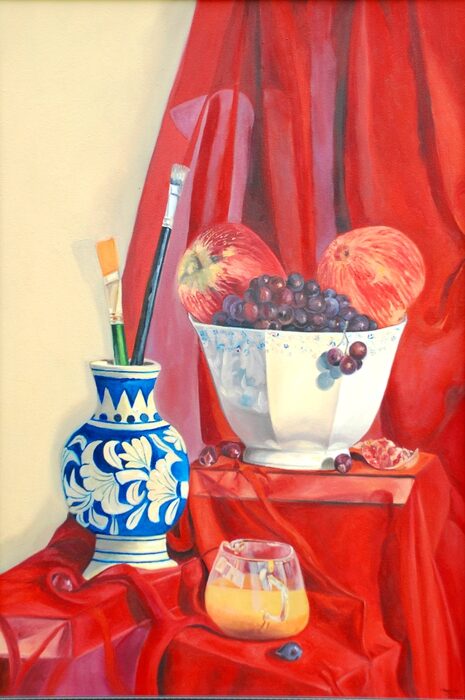 Brushes in a Blue-and-White Vase, Oil on canvas