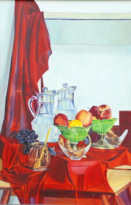 Silver Jugs and Green Glass Compotes on Red, Oil on canvas
