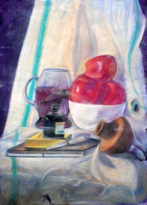 Red Fruit, Inkpot and a Glass of Wine, Oil on canvas