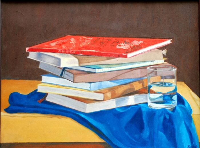 Books and a Glass of Water, Oil on canvas