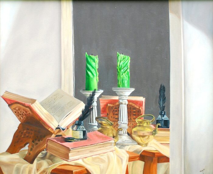 Open Book, Green Candles and Quills, Oil on canvas