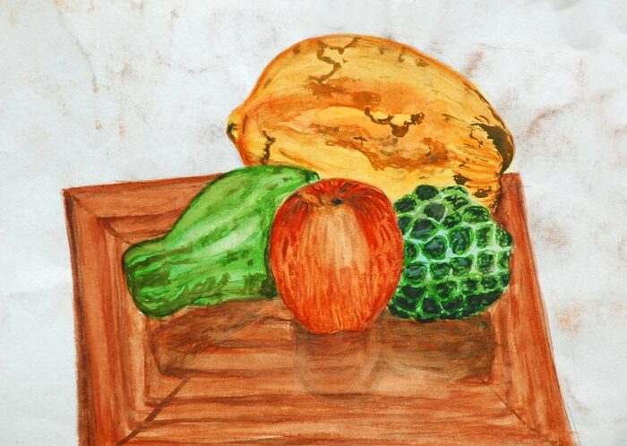 Papaya, Custard Apple and Apple, Acrylic on paper