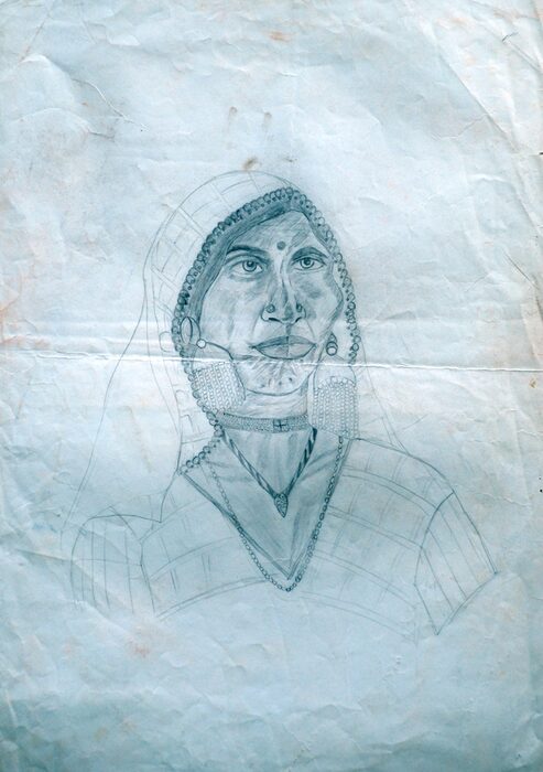Woman in a Ghoonghat, Pencil on paper
