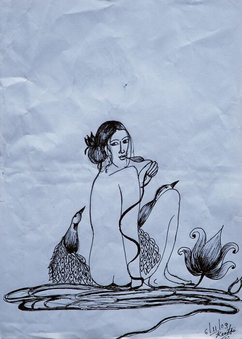 Woman with Birds and Lotus, Pen on paper