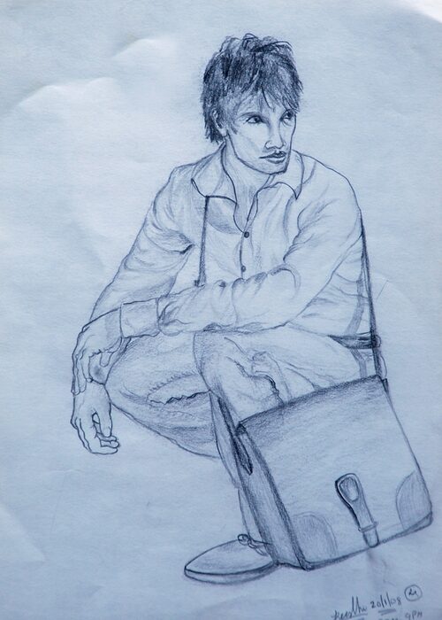 Young Man with a Satchel, Charcoal on paper