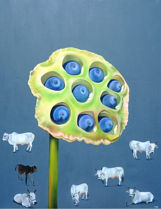 Lotus Pod Over Grazing Cattle, Oil and acrylic on canvas
