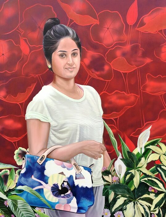 Young Woman against Red Foliage, Oil and acrylic on canvas