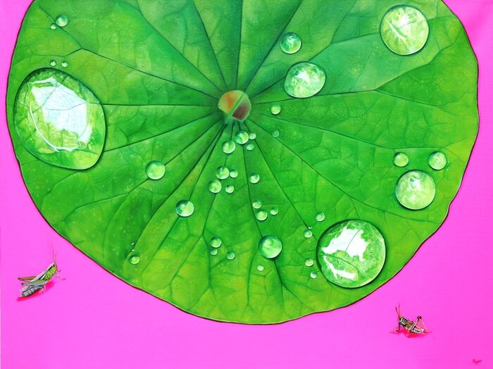 Dewdrops and Grasshoppers, Oil and acrylic on canvas