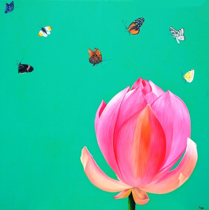 Lotus Bud and Butterflies, Oil and acrylic on canvas