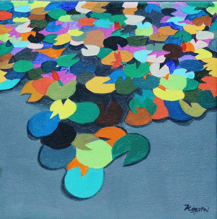 Confetti Pads on Grey, Oil and acrylic on canvas