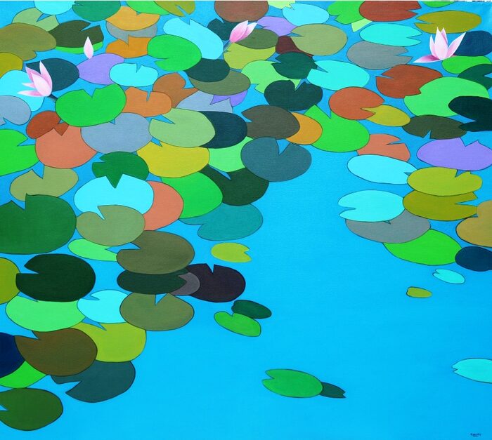 Pond in Bloom, Turquoise, Oil and acrylic on canvas