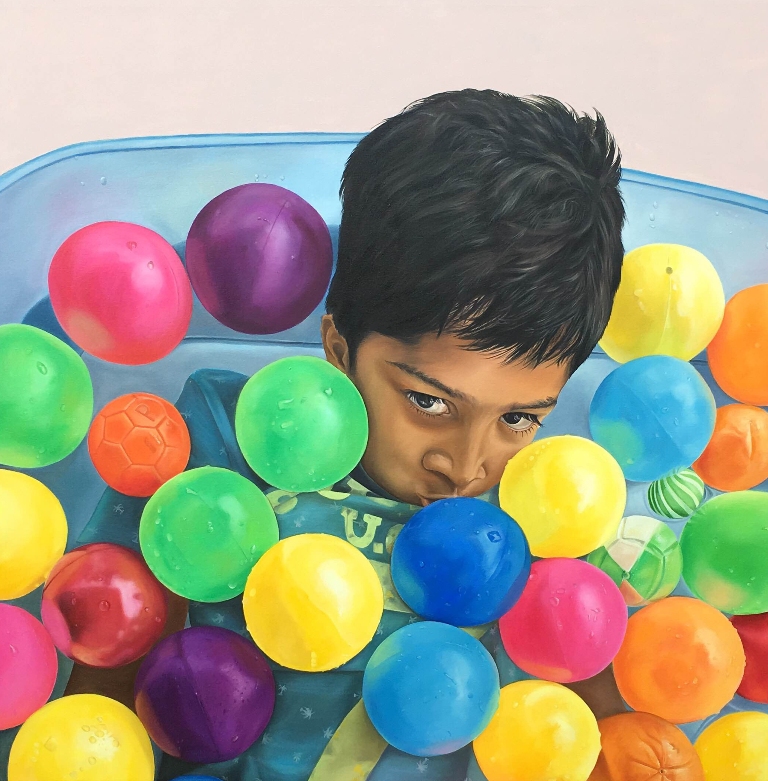 Boy Playing - Oil and Acrylic on Canvas - Size 48x48 Inches